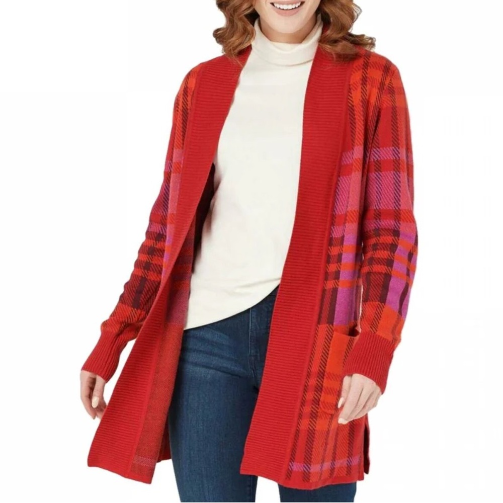 Isaac Mizrahi Live NEW Colorful Plaid Jacquard Open Front Sweater Cardigan Small